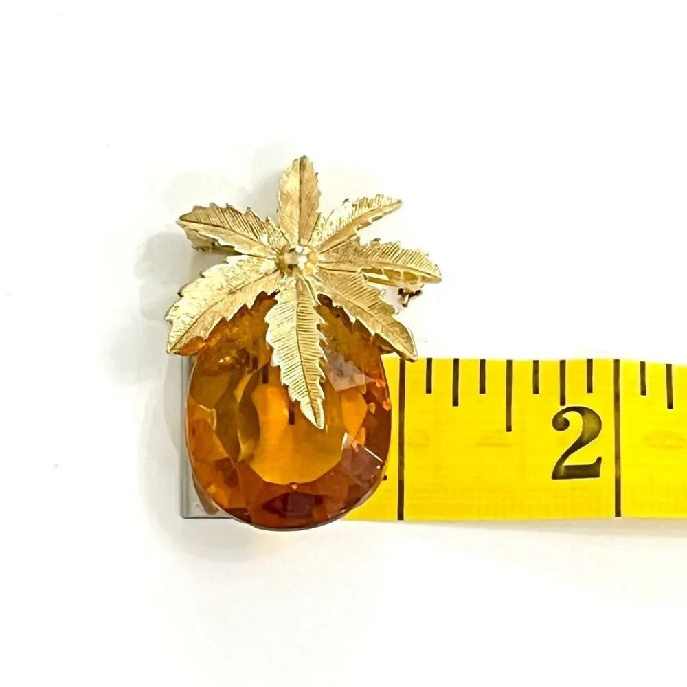 Mid Century Sarah Coventry Gold Tone Amber Glass Leaf Brooch Statement Pin